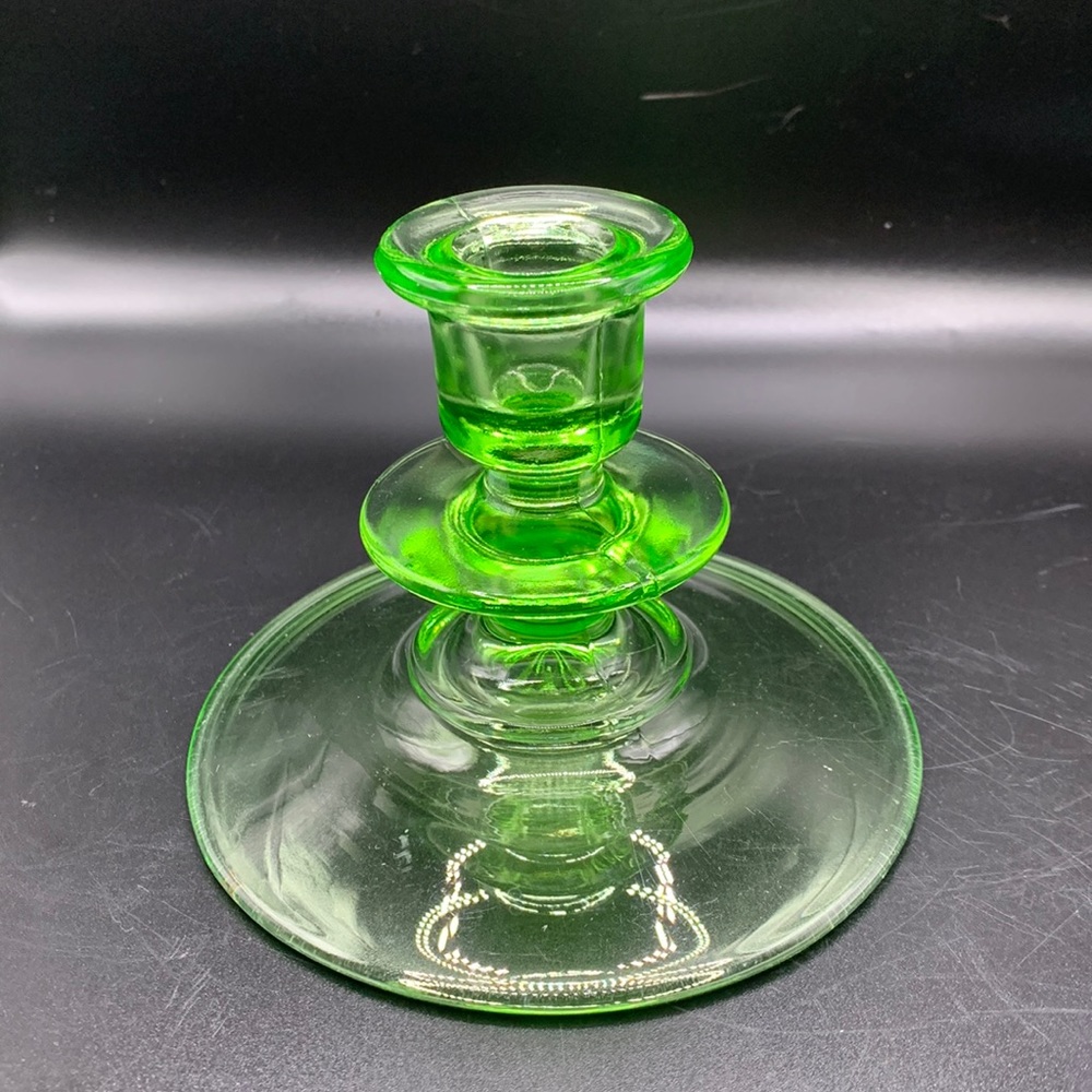 Uranium glass single candle holder 4” tall